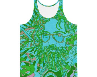 May include: A tank top with a psychedelic pattern featuring a man's face with a beard and sunglasses. The pattern is in shades of green, blue, and pink.