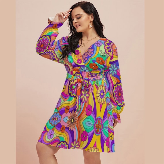 retro 70s dress Parlsdy Women's Disco Bell Sleeve V Neck Costume with Headband Suitable for all occasions Retro 70 Dresses Style Retro