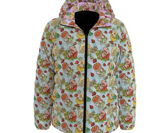 Strawberry ~ vintage 80’s cartoon * men’s & woman’s puffer jacket *down jacket * coat * funky vibes * festivals * raves * Berry adorable