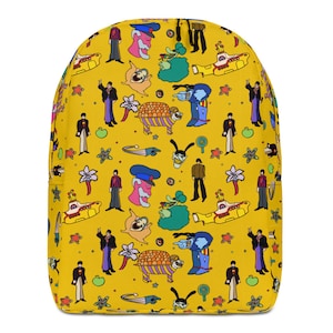May include: Yellow backpack featuring a repeating pattern of cartoon characters and objects, including a submarine, a turtle, a lollipop, and a star. The characters are in various colours, including blue, green, red, and purple.