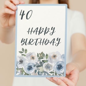 Classic 40th birthday card, 40th birthday gift, floral happy birthday card for mother, digital download printable card