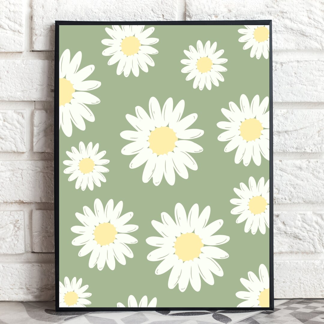 Daisy Sage Green Wall Art, Nature Wildflower Printable Wall Decor