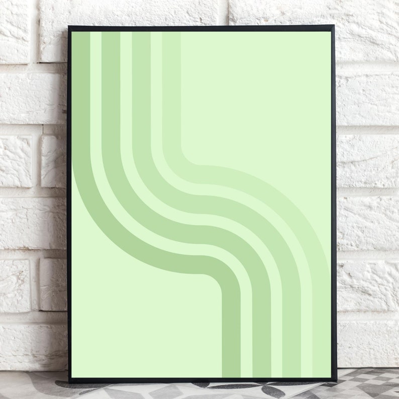 70s Groovy Lines Danish Pastel Wall Art, Light Green Boho Room Decor
