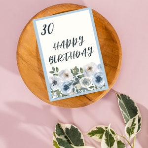 Biglietto classico per il 30° compleanno, regalo per il 30° compleanno per lei, biglietto floreale di buon compleanno stampabile per la migliore amica, acquerello pastello