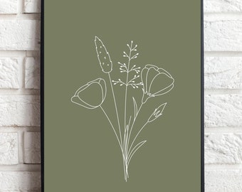 Olive Green Boho Floral Print, Botanical Home Decor, Wildflower Line Art, Minimalistic, 4x5 3x4 2x3 Ratio, 5x7in 11x14in, DIGITAL DOWNLOAD