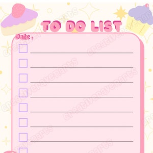 Op de afbeelding: Een roze to-dolijst met een cupcake en een ijshoorn afbeelding. De lijst heeft een sectie voor de datum en een sectie voor notities.