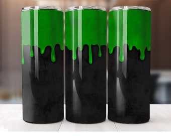 May include: Three stainless steel tumblers with a green, dripped paint design over a black background. The green paint appears to be dripping down the sides of the tumblers. The tumblers have a silver rim and lid.