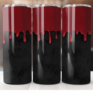 May include: Three black and red stainless steel tumblers with a dripping blood design.