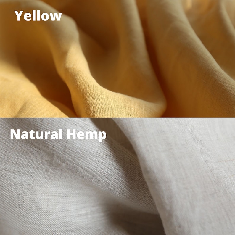 Pu&ograve; includere: Primo piano di due campioni di tessuto. Il campione superiore &egrave; un tessuto di lino giallo brillante. Il campione inferiore &egrave; un tessuto di canapa naturale con una texture sottile.