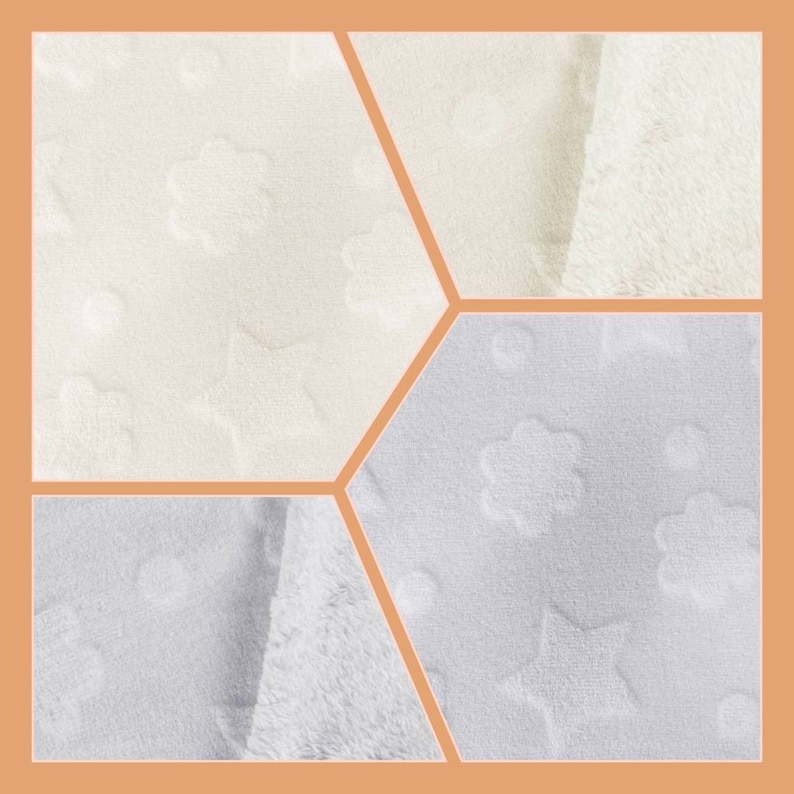 May include: Close-up of four white fabric swatches with different embossed patterns. The patterns include stars and flowers.