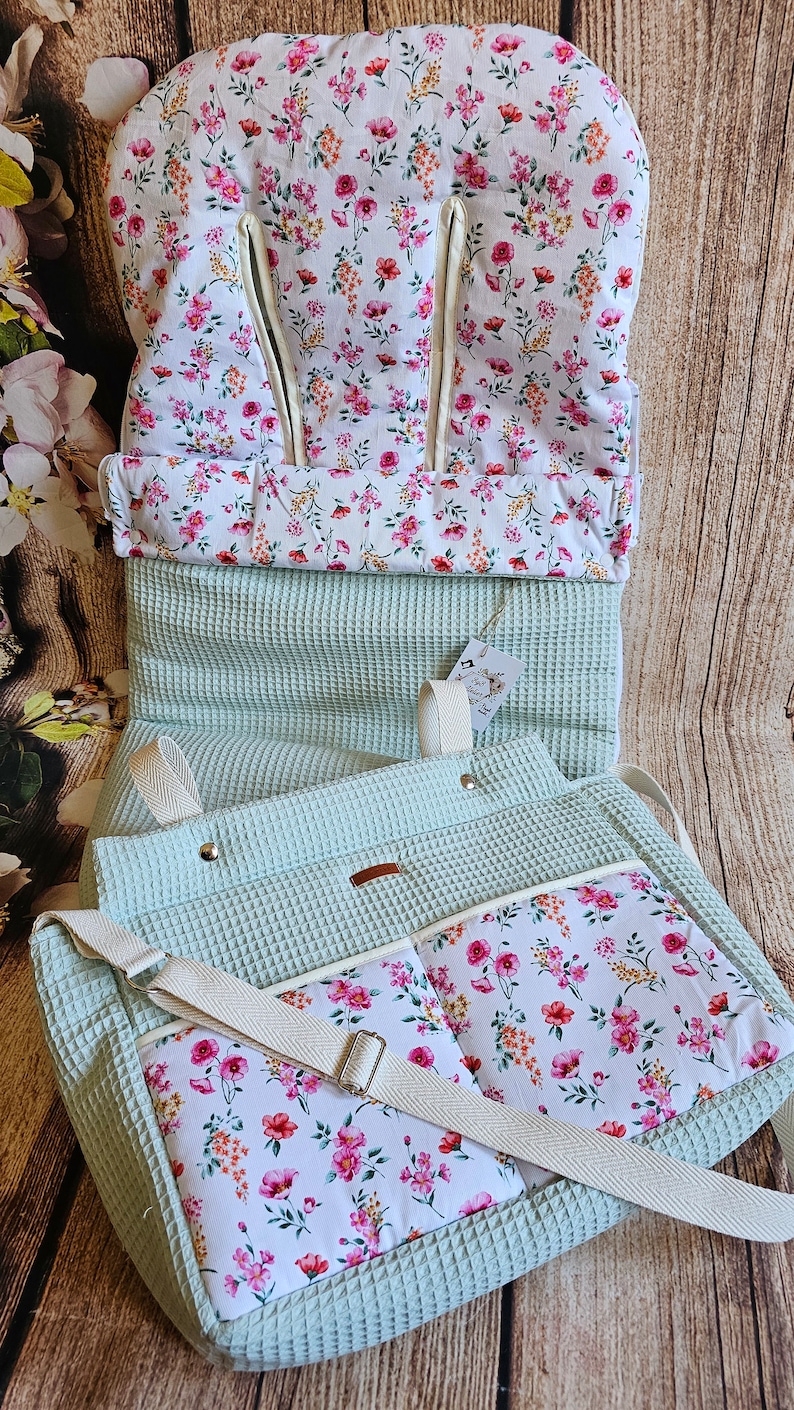 Saco silla de paseo Universal , waffle verde mint , Flores silvestres . Opcional bolso Cochecito a juego imagen 7