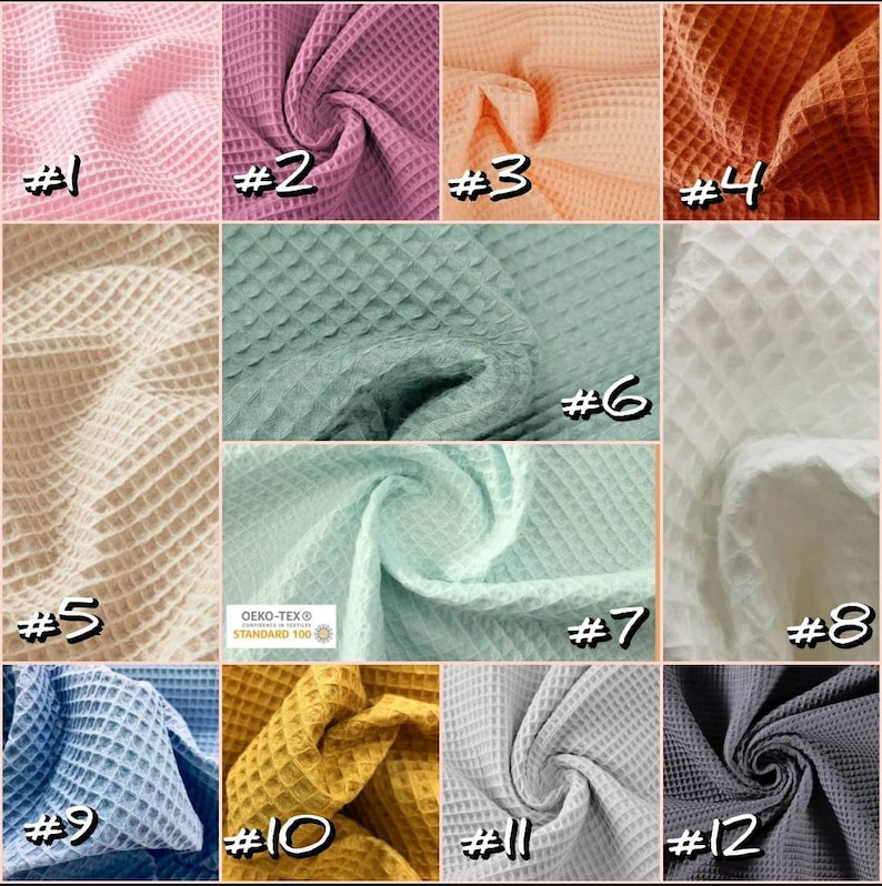 May include: Twelve samples of waffle fabric in various colors, including pink, peach, beige, green, white, blue, and gray. The fabric is textured and has a waffle-like pattern. The samples are labeled with numbers 1 through 12.