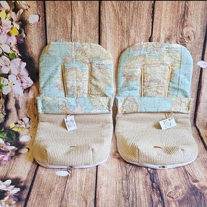 2 Voetenzakken voor UNIVERSAL Twin kinderwagen, bugaboo donkey etc.. wereldkaart blauw / Wafelbeige