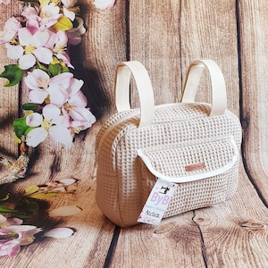 Kinderwagen-Organizertasche, Kinderwagen, Waffelfarben zur Auswahl, elfenbeinfarbene Griffe