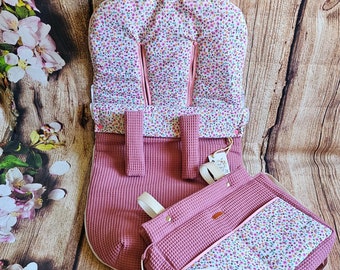 Stroller bag, footmuff, stroller footmuff - Spring/Summer: Joy flower print/ Fuchsia pink waffle