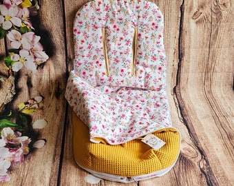 Stroller footmuff, footmuff, stroller footmuff - Spring/Summer: wild flower print/ mustard waffle