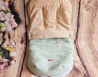 Universal stroller bag, mint green waffle, peach flowers interior