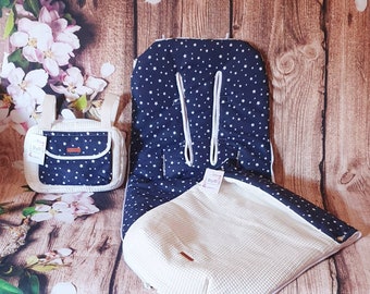 Spring / Summer Chair Bag Waffle CREAM- cotton printed Stars NAVY BLUE