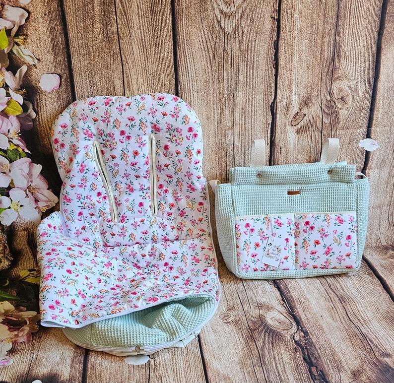 Saco silla de paseo Universal , waffle verde mint , Flores silvestres . Opcional bolso Cochecito a juego imagen 5