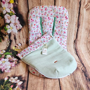 Saco silla de paseo Universal , waffle verde mint , Flores silvestres . Opcional bolso Cochecito a juego imagen 4