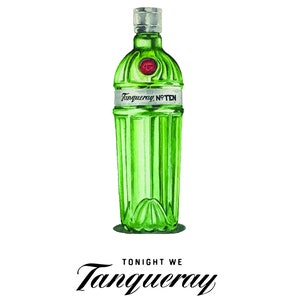 May include: A green glass bottle of Tanqueray No. Ten gin with a silver label and a red seal. The bottle is sitting on a white background. The text "Tonight We Tanqueray" is written in black below the bottle.