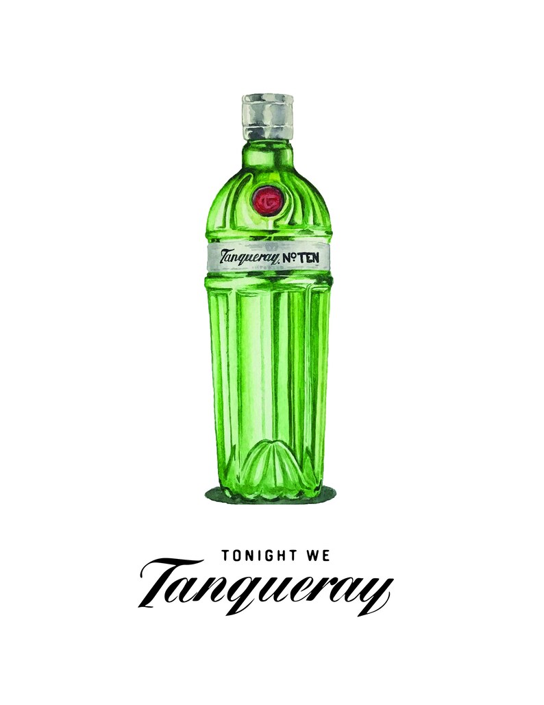 May include: A green glass bottle of Tanqueray No. Ten gin with a silver label and a red seal. The bottle is sitting on a white background. The text "Tonight We Tanqueray" is written in black below the bottle.