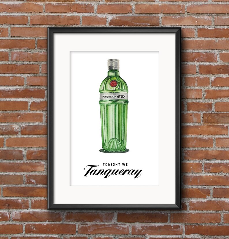 May include: A framed print with a watercolor illustration of a green glass bottle of Tanqueray No. TEN gin. The text "TONIGHT WE TANQUERAY" is printed below the bottle.