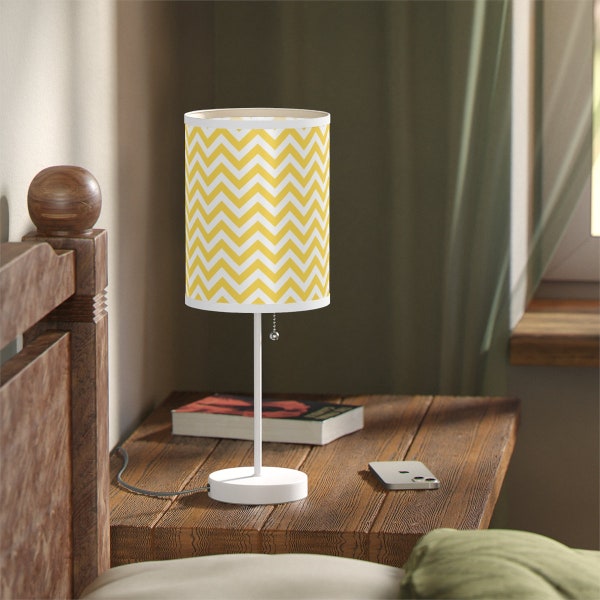 Yellow and White Zig Zag Retro Table Lamp, Chevron Lamp, Geometric Lampshade with Choice of Silver or White Base, FREE SHIPPING