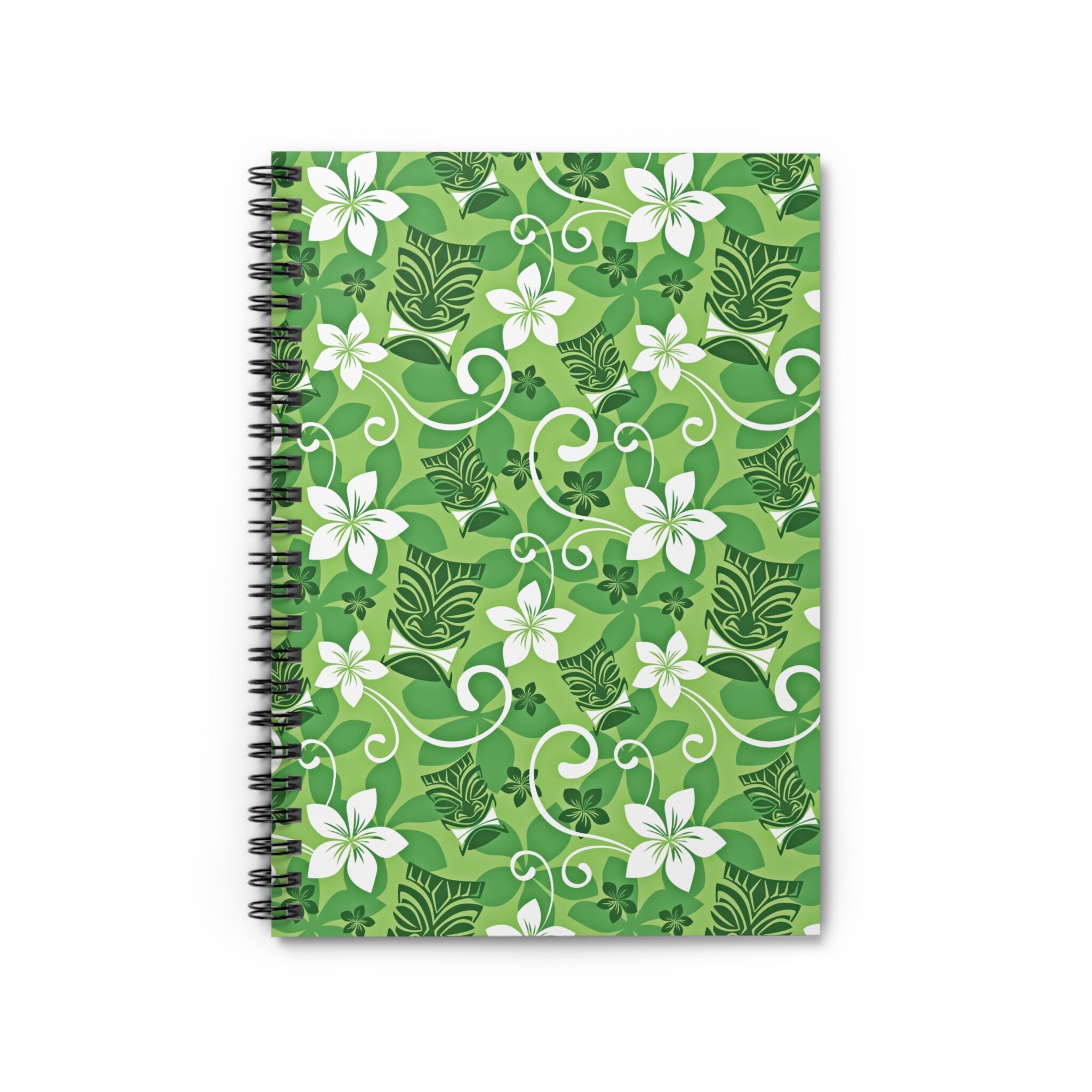 Tiki Notebook Retro Green Tiki Spiral Notebook, Green and White Tropical Flowers and ...
