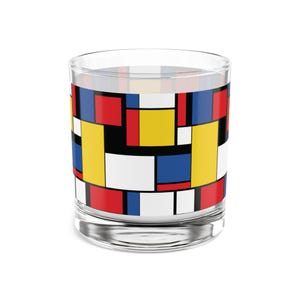 Mondrian Rocks Glass, 10 oz Modern Art Whiskey Tumbler, Abstract Barware, Geometric Drinking Glass, Art Deco Home Decor, FREE SHIPPING