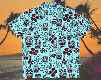 Retro Hawaiian Tropical Tiki & Flowers Button Down Shirt, Blue and Black Vintage Tiki, Polynesian Unisex Short Sleeve Shirt, Sizes S to 5XL