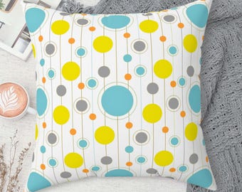 Bright Polka Dot Square Faux Suede Pillow, Light Blue Yellow Orange Design, Fun Home Decor, Soft Throw Cushion, 4 Sizes, FREE SHIPPING
