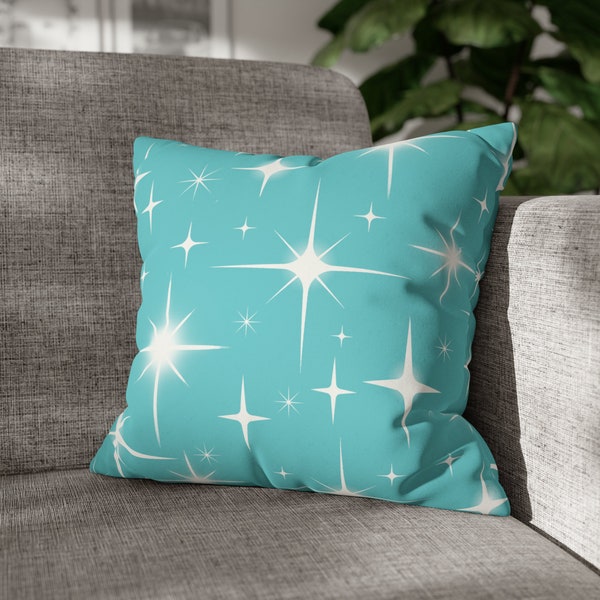 Teal Blue and White Starburst Faux Suede Pillow Cover, Retro Stars Cushion Cover, Hidden Zipper, 4 Sizes