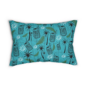Midcentury Modern Tiki Lumbar Pillow Cover and Insert, Blue Bamboo Pillow with Tiki Head Palm Trees and Sun, Retro Decor, Polynesian Cushion