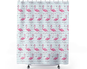 Niedliche rosa Flamingos Duschvorhang, Tropenvogel Badezimmer Dekor, rosa Vögel auf weichen blauen Streifen, Fun Home Decor