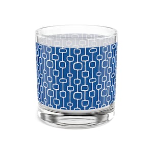 Mosaic-Inspired Dark Blue & White Retro Pattern Rock Glass, 10 oz Lowball Drinks, Vintage Bar Glasses, MCM Cocktail Drinkware, FREE SHIPPING