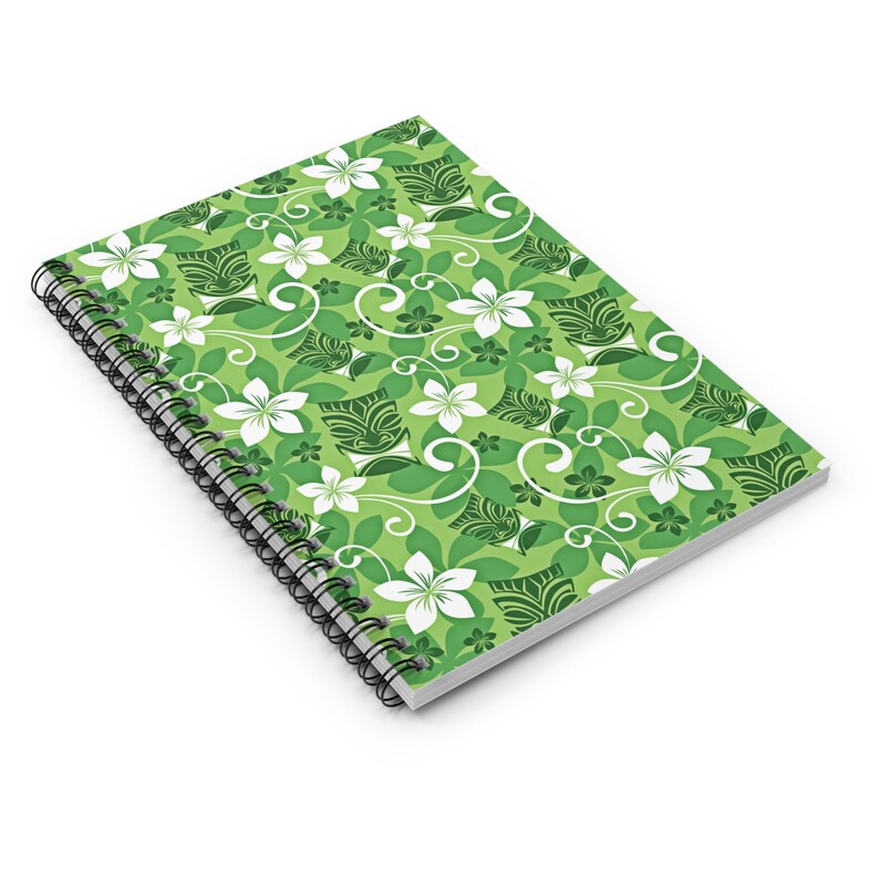 Tiki Notebook Retro Green Tiki Spiral Notebook, Green and White Tropical Flowers and ...