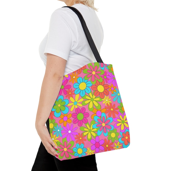 60's Retro Flowers Tote Bag, Pink Blue Yellow Daisies, Mod Shoulder Bag, 70's Shopping Bag, Psychedelic Boho Bag, 3 Sizes, FREE SHIPPING!