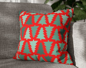 Evergreen Trees Pillow Cover, Green Xmas Trees on Red, Christmas Colors Accent Pillow, Holiday Decor, Cabin Pillow, 4 Sizes, FREE SHIPPING!