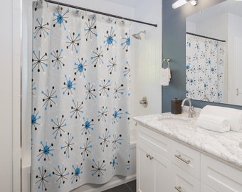 Mid-Century Modern Stars Shower Curtain, Blue and White Stars on Gray Background, Retro Bathroom Decor, 74" x 71"