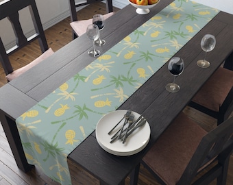 Pineapples and Palm Trees Table Runner, Tropical Hawaiian Table Decor, Summer Beach Table Linens, Kitchen Linens, 2 Sizes, FREE SHIPPING