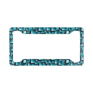 May include: A blue and black license plate frame with a geometric pattern.