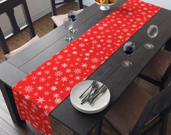 Red Christmas Table Runner with White Snowflakes, Xmas Dinner Table Decor, Holiday Table Decor, Xmas Dinner, 2 Sizes, FREE SHIPPING