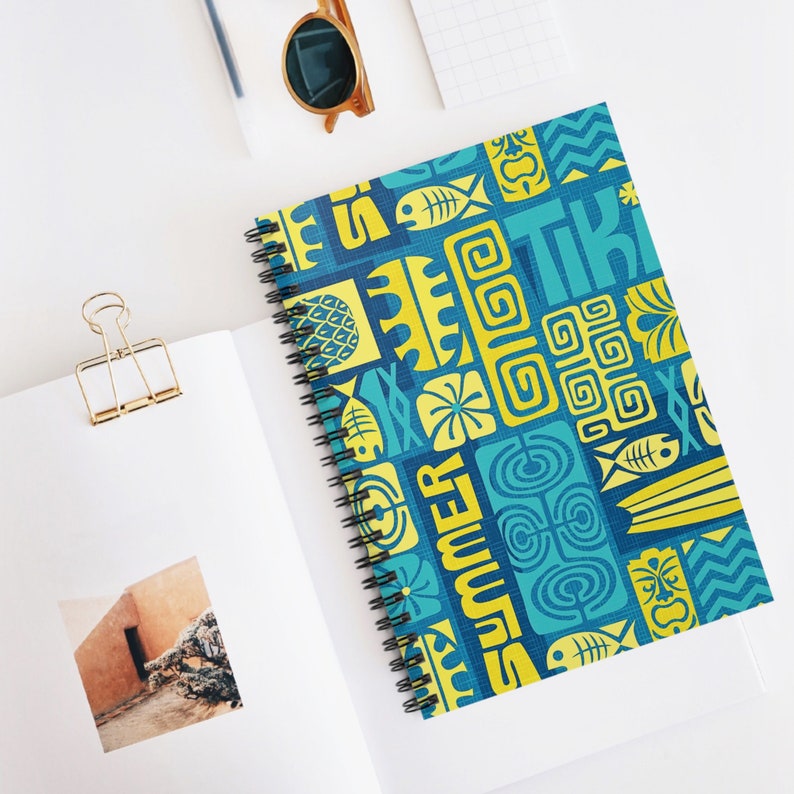 Tiki Notebook Retro Tiki Style Spiral Bound Notebook, Teal, Yellow and Blue, Hawaiian ...