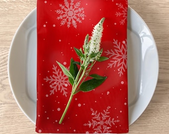 Elegant Silver-Gray and Red Christmas Snowflakes Napkin 4-Piece Set, Festive Table Decor, Winter Dinner Party Accessories