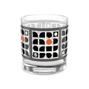 Bold and Modern Geometric Rocks Glass, 10oz Black Orange Gray Squares Whiskey Glass, Unique Barware Glass, FREE SHIPPING