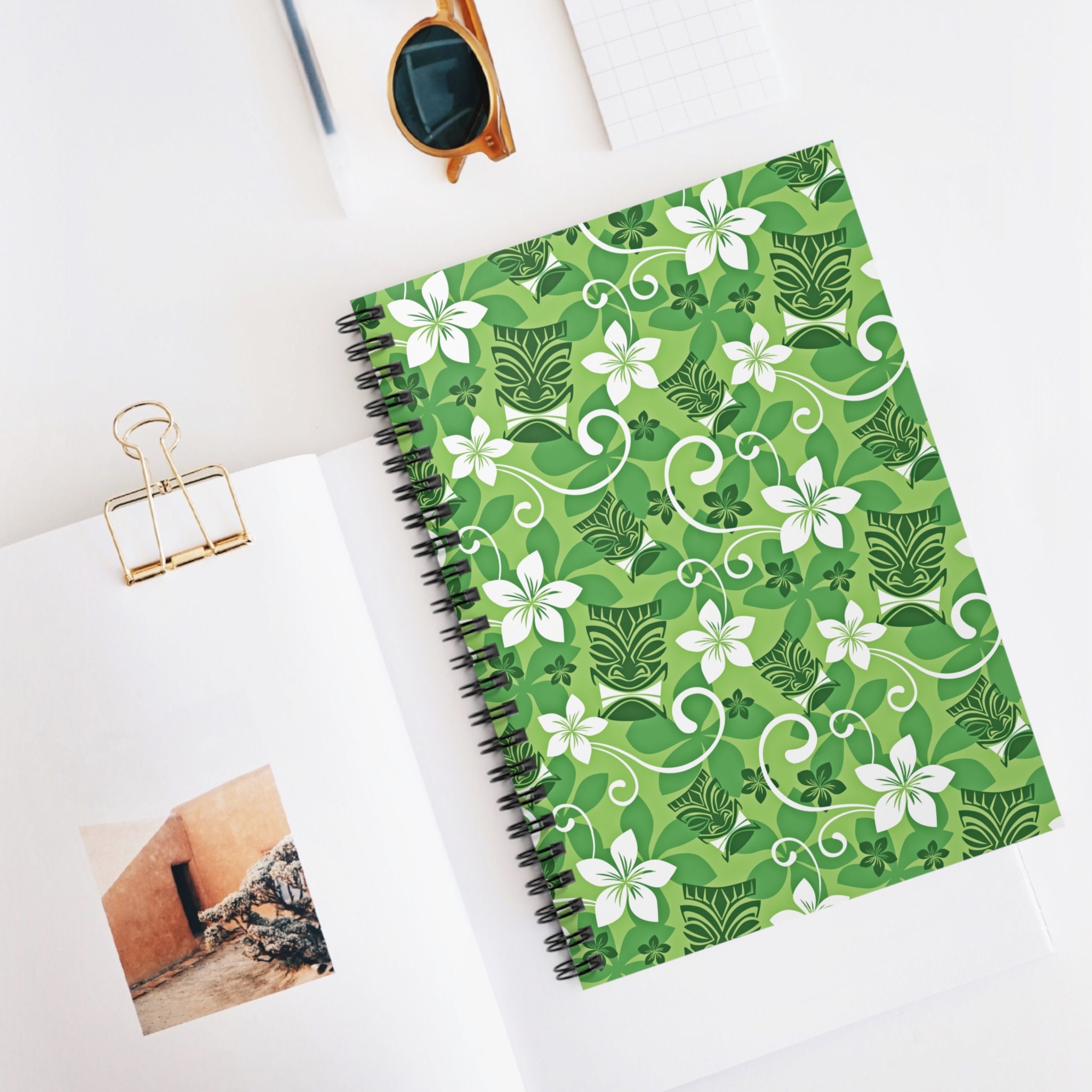 Tiki Notebook Retro Green Tiki Spiral Notebook, Green and White Tropical Flowers and ...