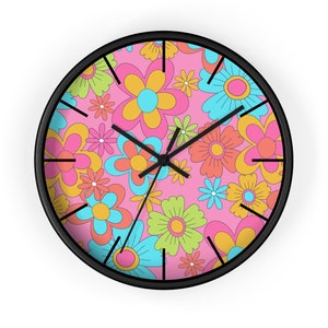Groovy 70&#39;s Flower Power Round Clock, Retro Time Piece, 1970&#39;s MCM Wall Clock, Orange, Blue, Yellow Flowers, Cool MCM Wall Clock, 2 Styles