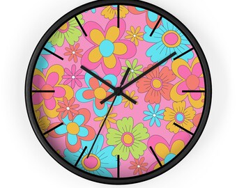 Groovy 70's Flower Power Round Clock, Retro Time Piece, 1970's MCM Wall Clock, Orange, Blue, Yellow Flowers, Cool MCM Wall Clock, 2 Styles