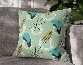 Mid-Century Modern Pillow Case, Gray Blue Boomerangs on Sage Green Background, Geometric Design, Retro Home Decor, 4 Sizes